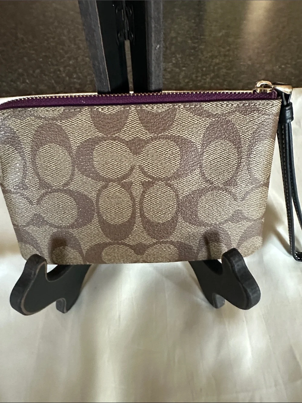 Coach Canvas Disney “Bad Girls Club”Wristlet in Brown with Purple Trim